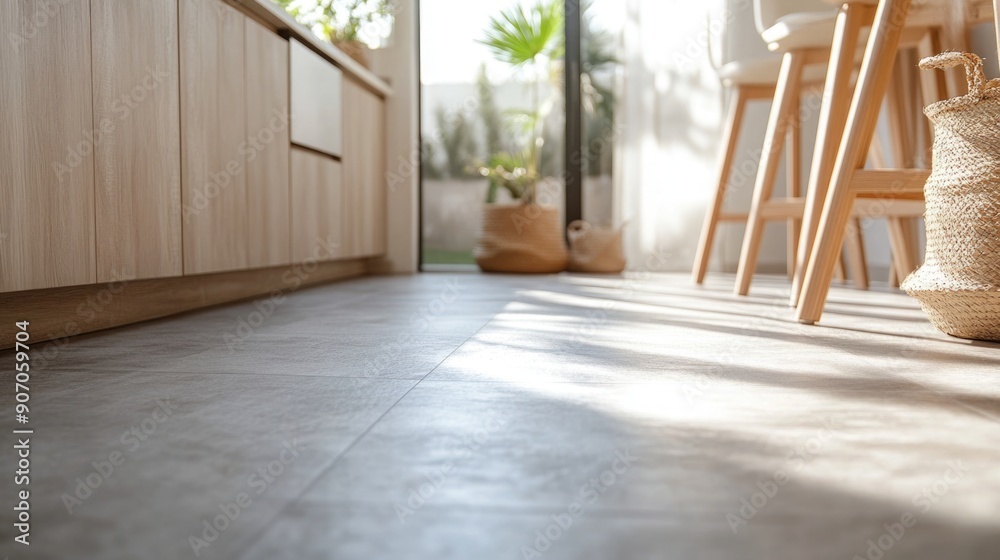 Obraz premium Close-Up of Vinyl Tile Flooring in Light Gray Color Showcasing Smooth, Waterproof Surface and Fine Texture