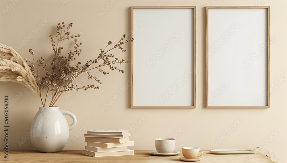 Interior of modern living room with blank picture frame, coffee cup and dried flowers in vase. Mock up