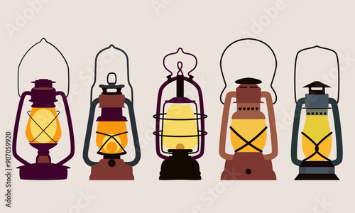 Vector illustration of kerosene lamp set