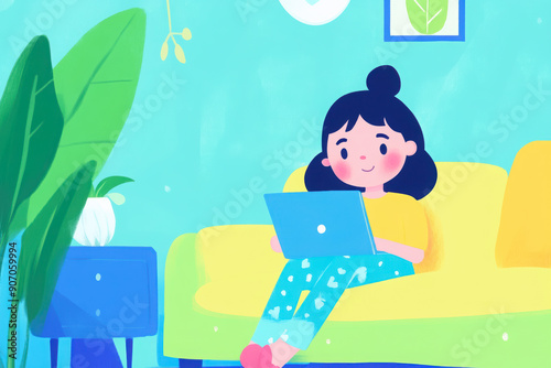 illustration of a Cartoon girl using a laptop on a green couch in a cozy living room photo