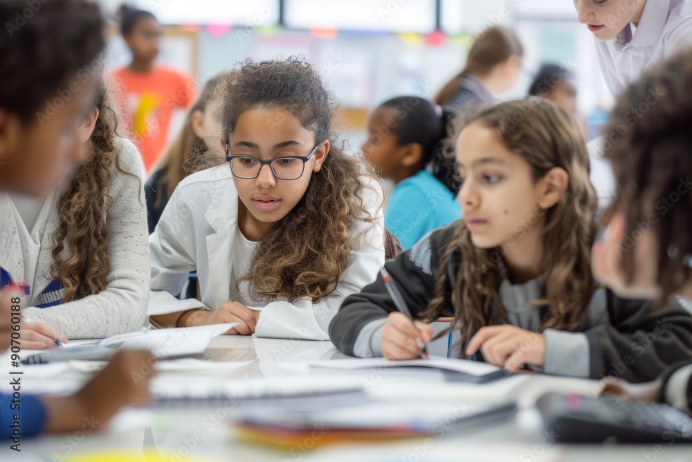 Diverse Group of Students Collaborating on Math Problems in Classroom Setting Diverse Group of Students Collaborating on Math Problems in Classroom Setting