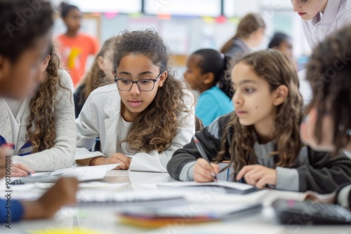 Diverse Group of Students Collaborating on Math Problems in Classroom Setting