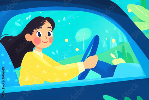 Cheerful illustrated woman driving a car with a blue and green background
