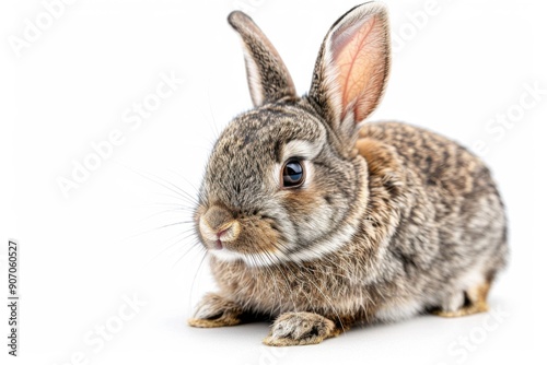 Adorable Bunny Charm: A Playful Portrait of a Cute Gray Rabbit Pet on a Pure White Background, Exuding Innocence and Whimsy