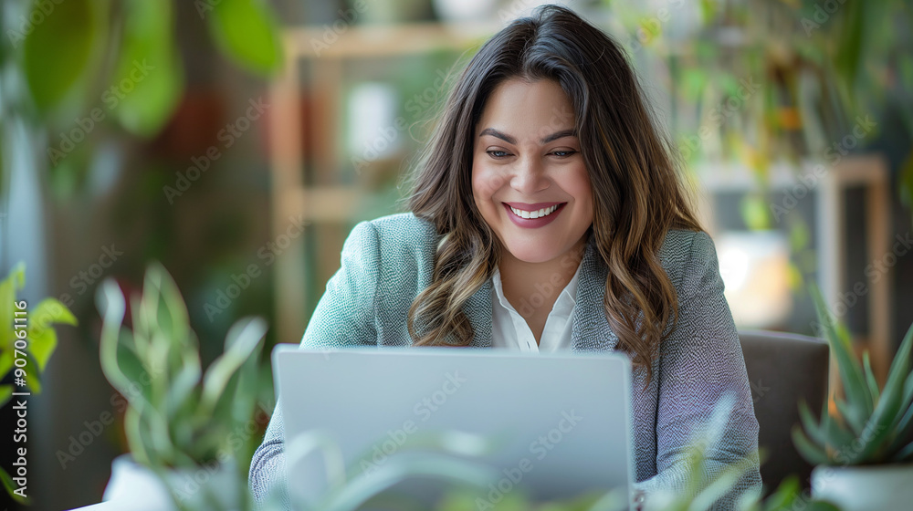 Smiling young woman using laptop at home with plants Smiling young woman using laptop at home with plants