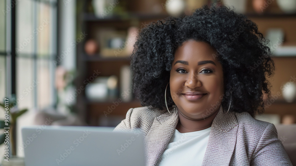 Fototapeta premium Plus size African American businesswoman smiling with laptop in cafe
