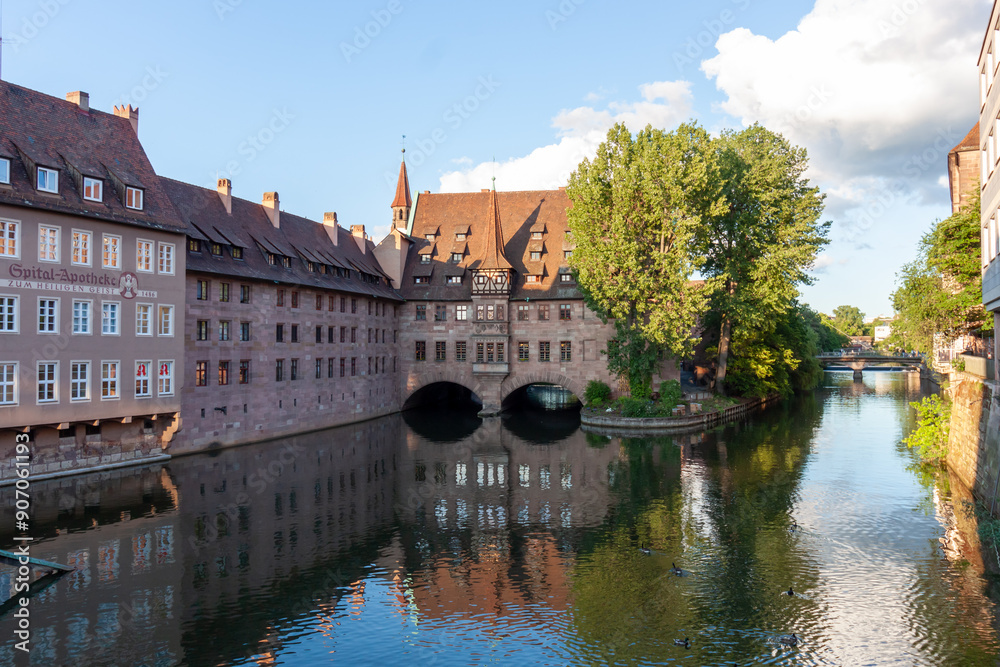 View of Heilig-Geist-Spital from Museumsbrücke in Nuremberg, Germany View of Heilig-Geist-Spital from Museumsbrücke in Nuremberg, Germany