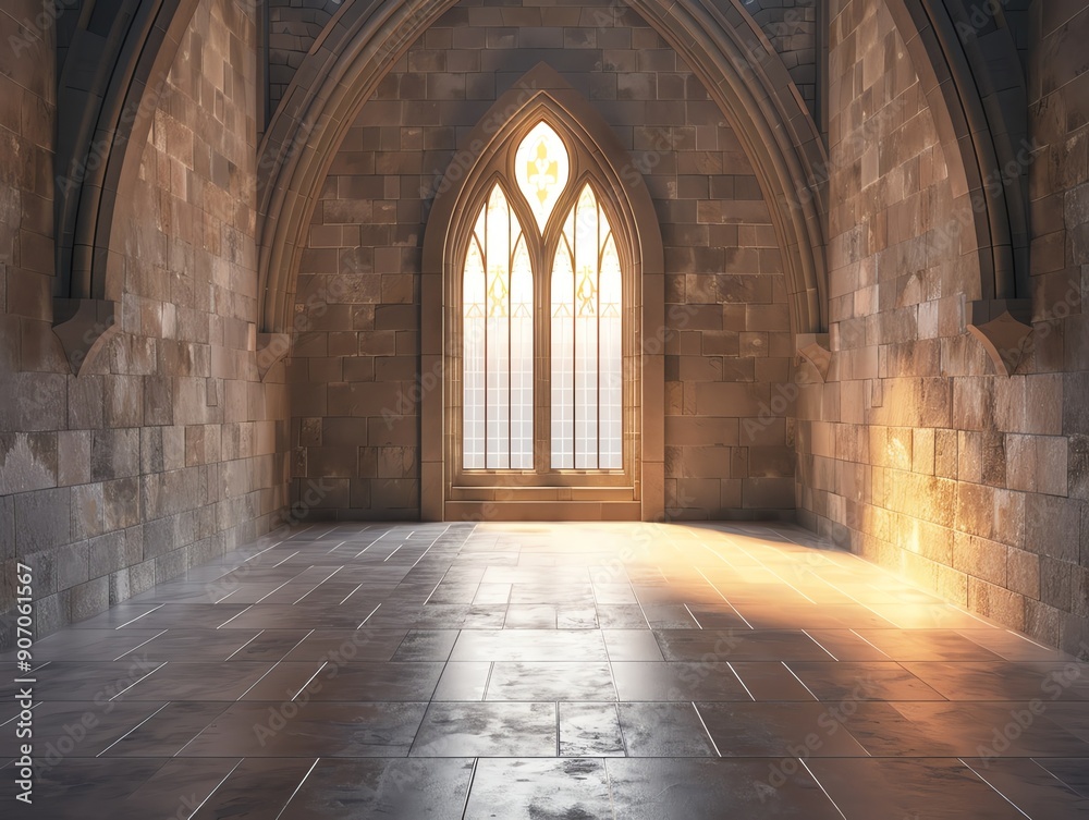 A serene stone chapel interior with an arched window casting warm light, perfect for atmospheres of peace and contemplation. A serene stone chapel interior with an arched window casting warm light, perfect for atmospheres of peace and contemplation.