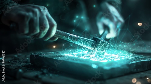 A skilled artisan shapes a glowing, digital artifact, blending traditional craftsmanship with futuristic technology.