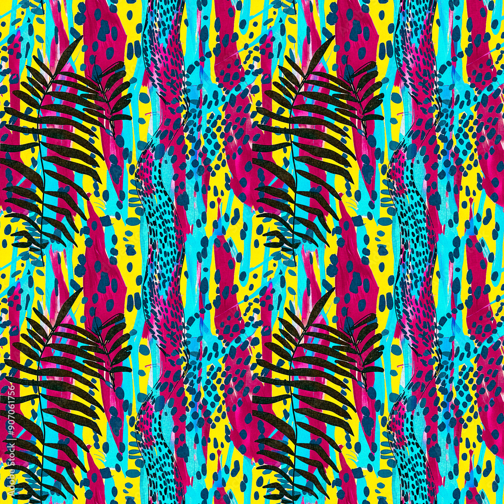 Fun girly camouflage pattern in vibrant stripes and spotted seamless design . Modern skin texture patched effect for festival and beach wear style in repeat . Fun girly camouflage pattern in vibrant stripes and spotted seamless design . Modern skin texture patched effect for festival and beach wear style in repeat .