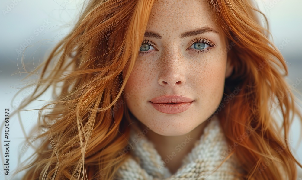 A beautiful redhead woman is striking a fashionable pose outdoors, showcasing her style. A beautiful redhead woman is striking a fashionable pose outdoors, showcasing her style.