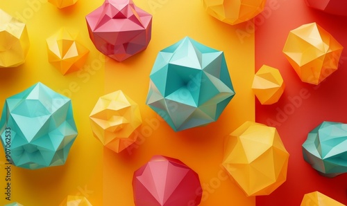 Angular 3D polyhedrons in bold colors, integrated with same-color backgrounds, captivating symmetry photo