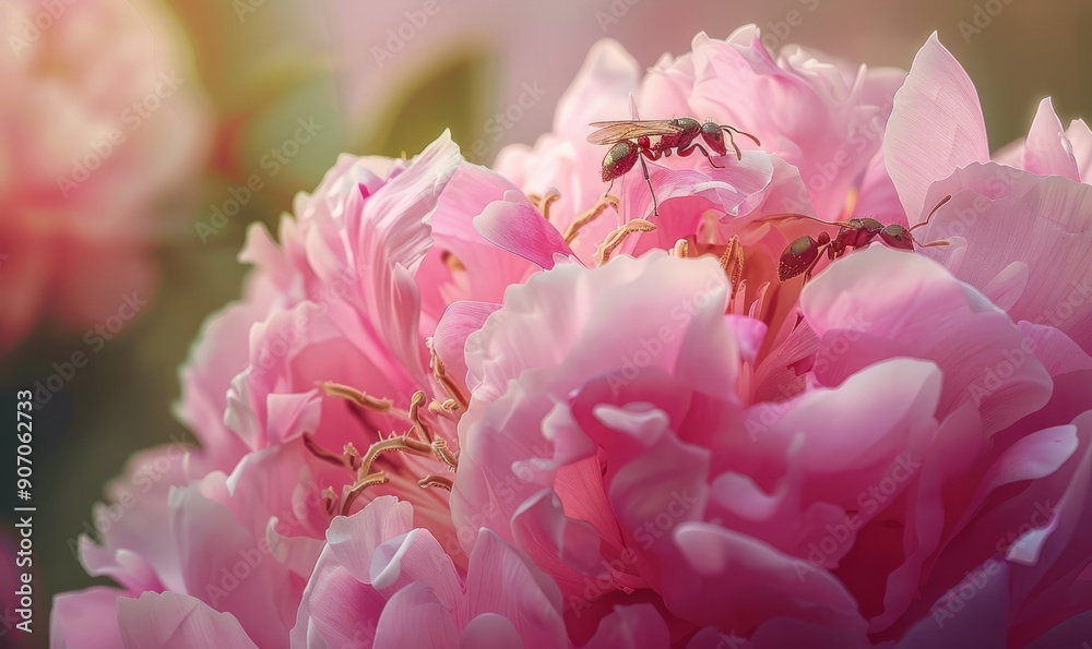 Obraz premium Ants on a peony bud: Busy insects on a pink flower