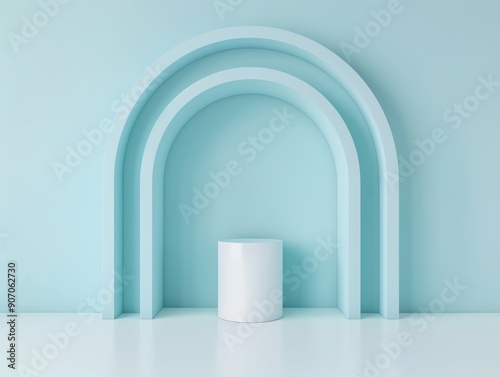 Stylish minimalist setting featuring arches and a podium on a soft blue background, perfect for modern decor.