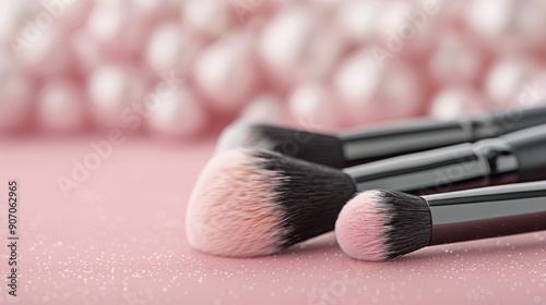 Makeup Brushes on Pink Background With Decorative Pearls