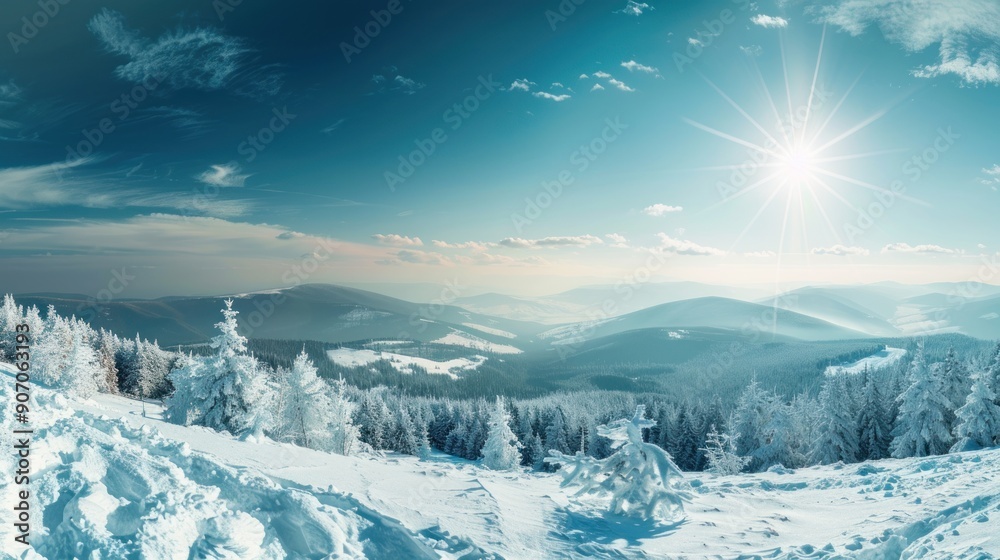 Snowy Mountain Peak with a Bright Sun Snowy Mountain Peak with a Bright Sun