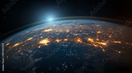 Sunrise Over Earth With City Lights Glimmering From Space