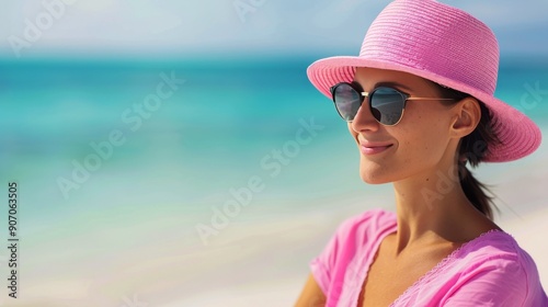 Woman in Pink Hat Relaxing by the Turquoise Ocean on a Sunny Day