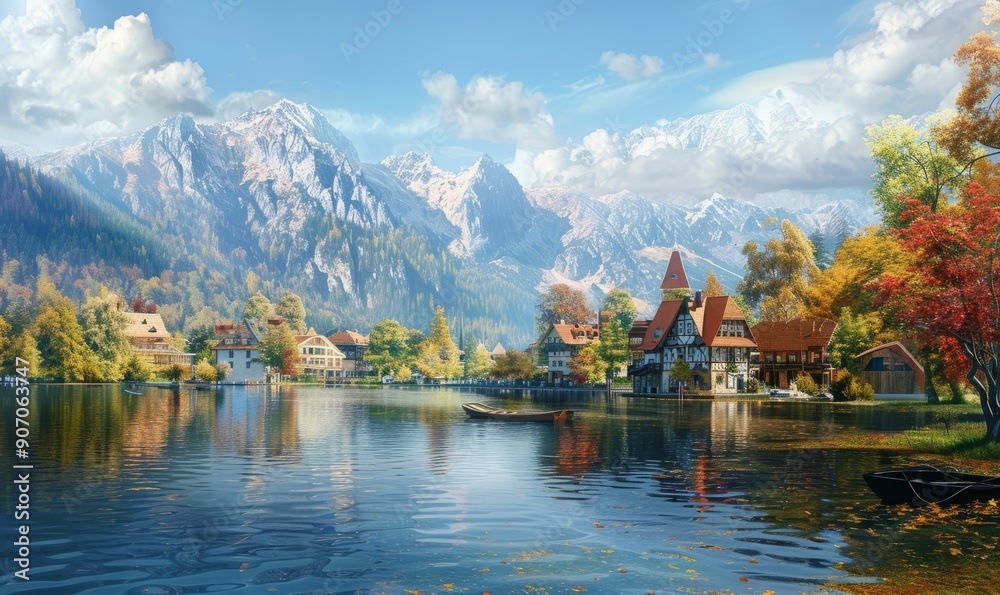 Fototapeta premium beautiful small town at riverside with mountain background, quiet peaceful lake wallpaper background