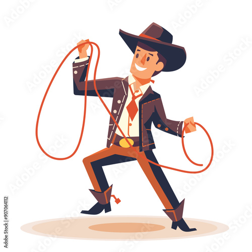 Young male cartoon cowboy twirling lasso, dressed traditional Western attire, performing rodeo skills. Cheerful cowboy illustration wearing hat, boots, spinning rope energetic stance, brown jacket