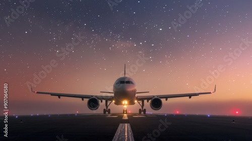 Airplane Preparing for Takeoff at Sunset on a Clear Evening