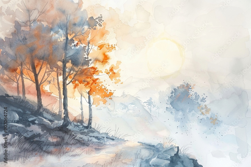 Naklejka premium A tranquil watercolor painting of a landscape scene, featuring soft colors and gentle textures, ideal for a soothing background