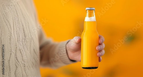Refreshing Beer Bottle Held Against Bright Yellow Background With Plants
