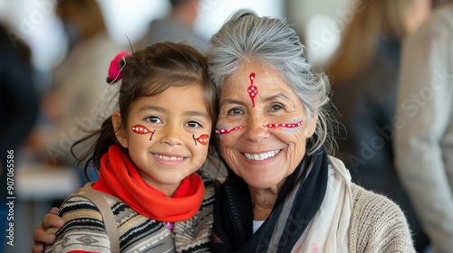 Grandmother and Granddaughter Smiling Together at Colorful Festival in Spring