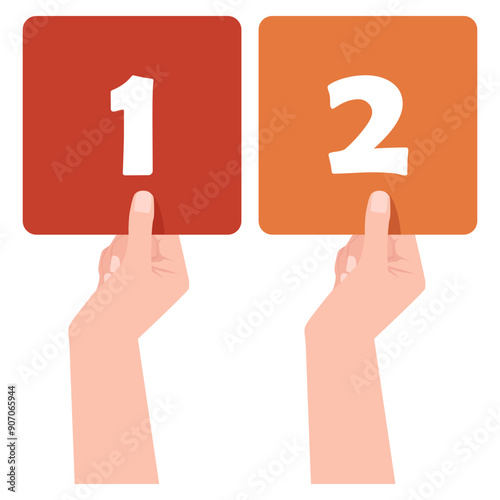 Cartoon number on rainbow sign held by female hand
