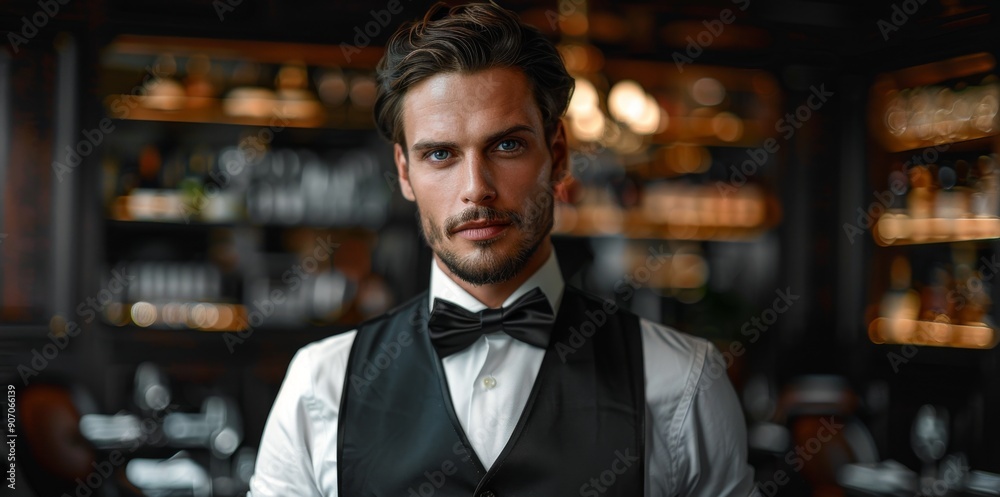 Elegant Waiter in Tuxedo Serving Fine Dining Experience in a Restaurant with a Copy Space on a Dark Background