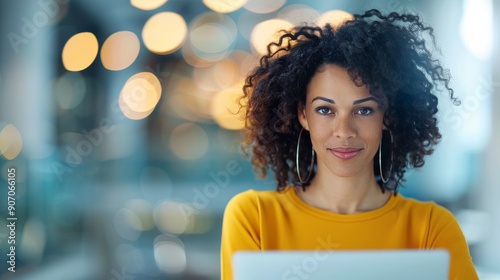 Woman With Curly Hair Working on Laptop in Modern Workspace With Blurred Back...