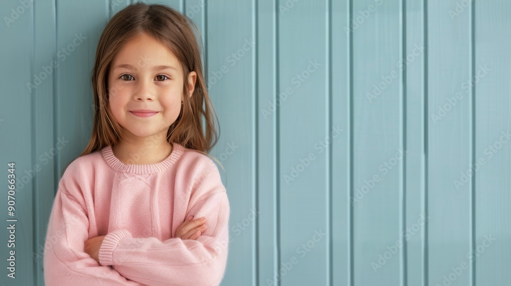 Young Girl Smiling With Arms Crossed Against Gray Background Young Girl Smiling With Arms Crossed Against Gray Background