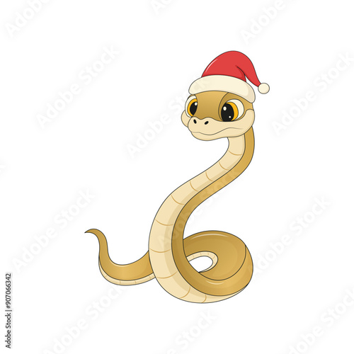 Golden snake with red Christmas cap. Vector illustration