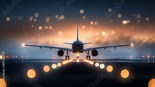 Airplane Preparing for Takeoff at Sunset on a Clear Evening