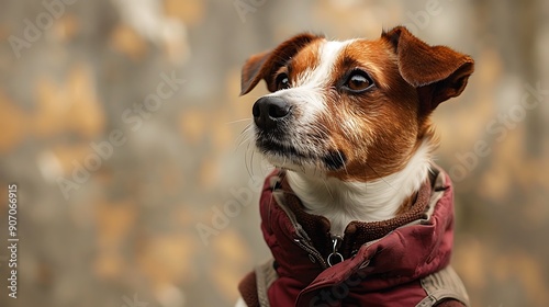 Dog wearing in burgundy shirt against beige background