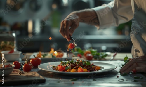 Artistic depiction of a chef's culinary journey, from preparation to presentation at a beautifully set table