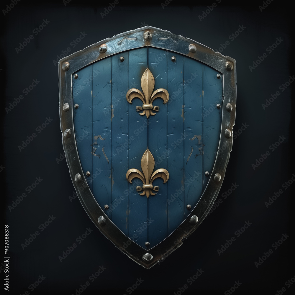 Fototapeta premium Medieval shield with fleur-de-lis emblem and detailed engravings on a dark background 