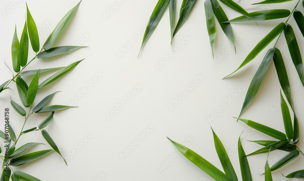 Bamboo leaves on a white backdrop with copy space image Bamboo leaves on a white backdrop with copy space image