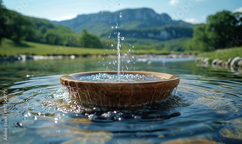 Fototapeta Naklejka Na Ścianę i Meble -  A fountain with drinking water is set against a breathtaking mountain backdrop, highlighting nature�s beauty.