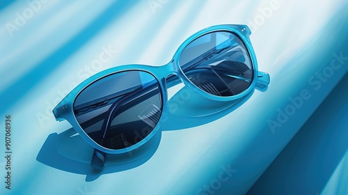 Blue sunglasses with dark lenses on a bright blue background