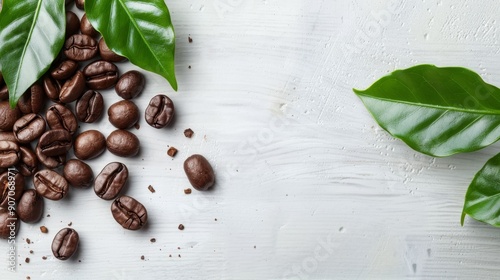 Fresh Coffee Beans And Green Leaves Arranged On A Light Gray Surface