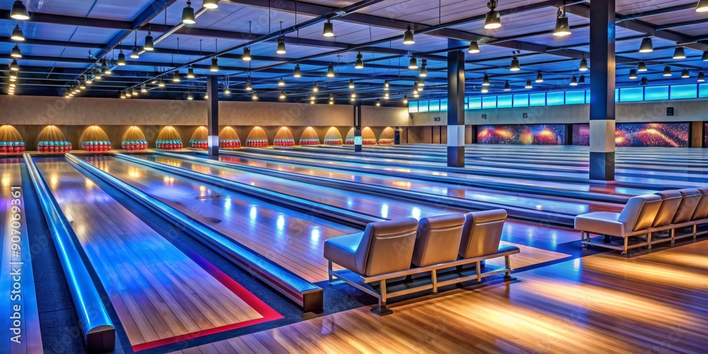 Fototapeta premium Bowling Alley - Blue Lights, Wooden Lanes, Interior Design, Nighttime , Bowling , Entertainment , Sports