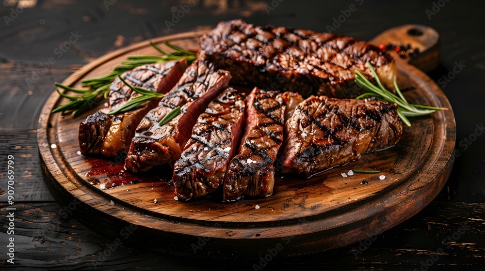 Grilled Ribeye steak, T-bone steak and sliced flank steak on wooden cutting board. Grilled Ribeye steak, T-bone steak and sliced flank steak on wooden cutting board.