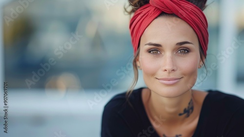 Young Woman With Red Headband Smiling Outdoors in Sunny Environment