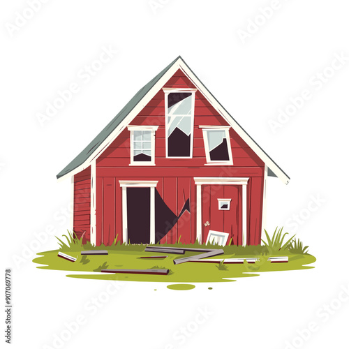 Red abandoned farmhouse surrounded overgrown green grass, broken windows, damaged roof. Dilapidated country house, red siding, neglected yard, rural decay, concept art. Cartoon illustration deserted