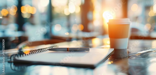 Modern Workspace With Notebook And Coffee Cup At Sunset In Urban Cafe