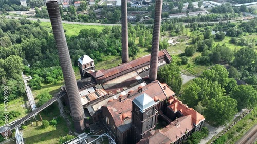 Aerial drone view of the Szombierki Heat and Power Plant, formerly the Bobrek Power Plant. The Trail of Technical Monuments of the Silesian Voivodeship. Old Heat and Power Plant in Bytom, Poland. photo