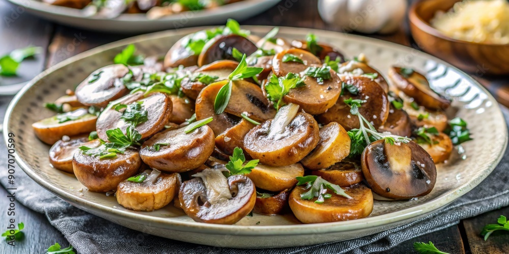 Close-Up of Sauteed Mushrooms with Parsley and Salt on a Plate, Food Photography, Mushroom Recipe, Cooking, Appetizer, sauteed mushrooms, parsley