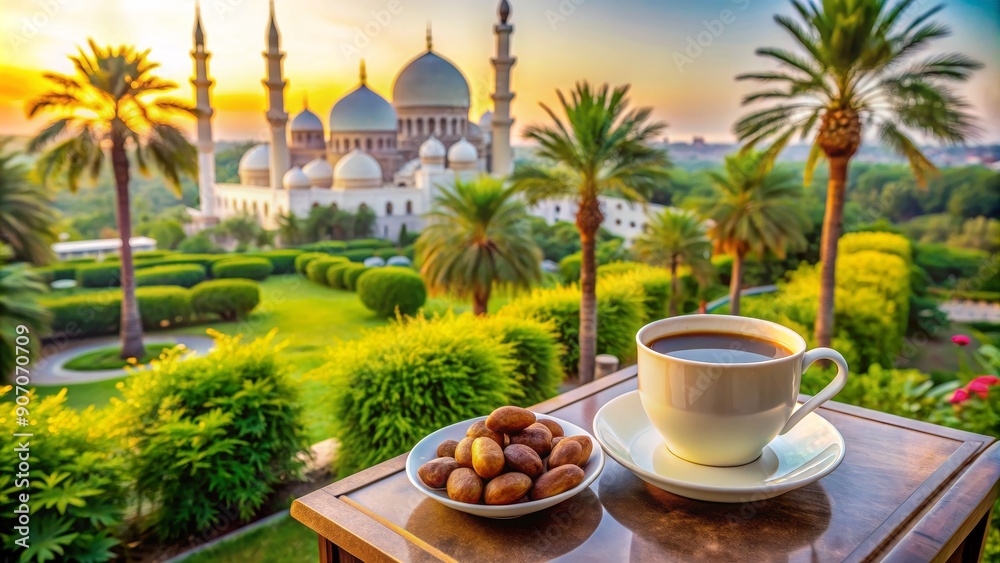 Fototapeta premium Coffee and Dates at Sunset with Mosque in Background, Coffee, Dates, Mosque, Middle East