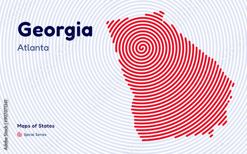 Georgia Map in Spiral Formation:  Atlanta Takes Center Stage. Fingerprint and stripes pattern. American states maps.